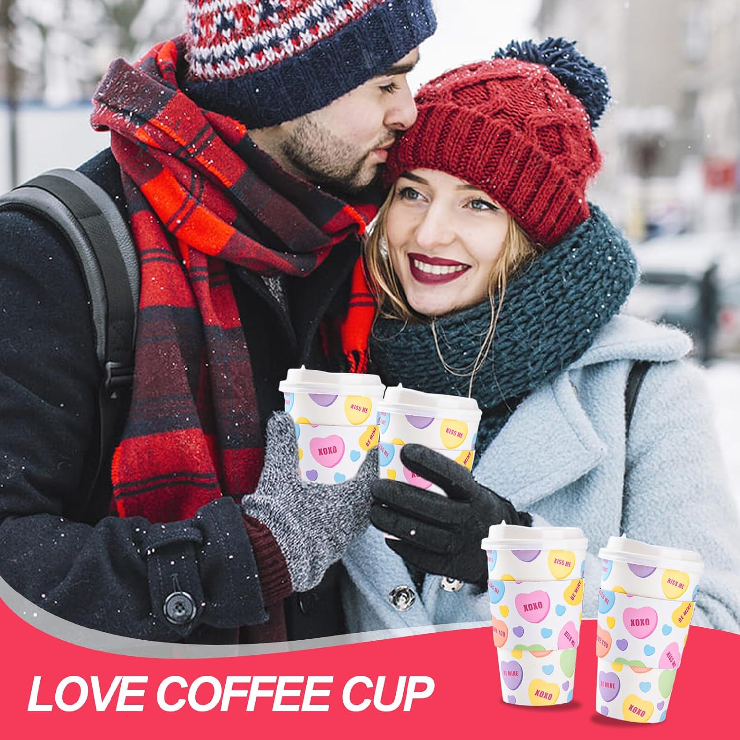 Paquete de 48 tazas de café desechables para el día de San Valentín de 16 onzas con tapas y fundas para conversación con corazones para llevar,
