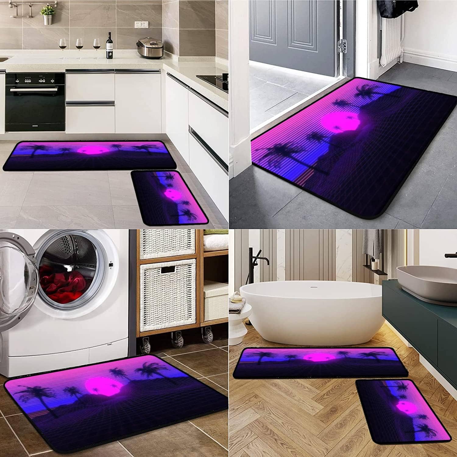 Juego de alfombras de cocina 3D inspirado en la escena de los años 80, synthwave y retrowave musical, tapete de cocina para piso, antideslizante,