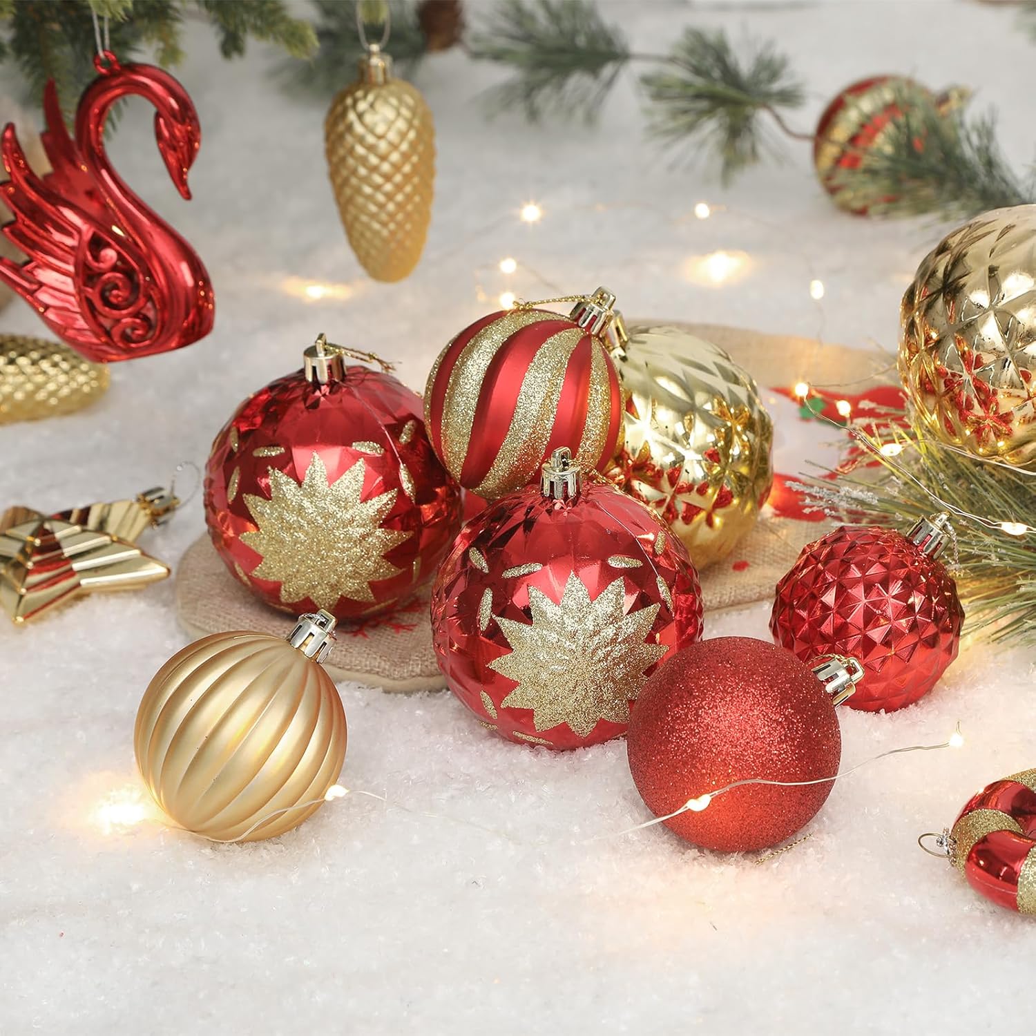 Alupssuc Juego de 128 adornos de bolas de Navidad, bolas de plástico inastillables, flores de Navidad, cinta y adorno para árbol de Navidad,