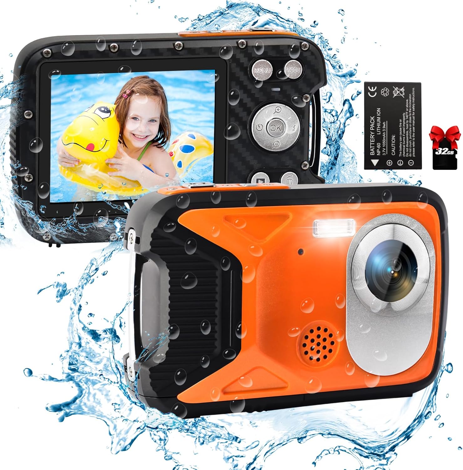 Cámara impermeable lovpo Cámara subacuática de 16 pies con tarjeta SD de 32 GB y luz de relleno, FHD 1080P 21MP cámara de apuntar y disparar para