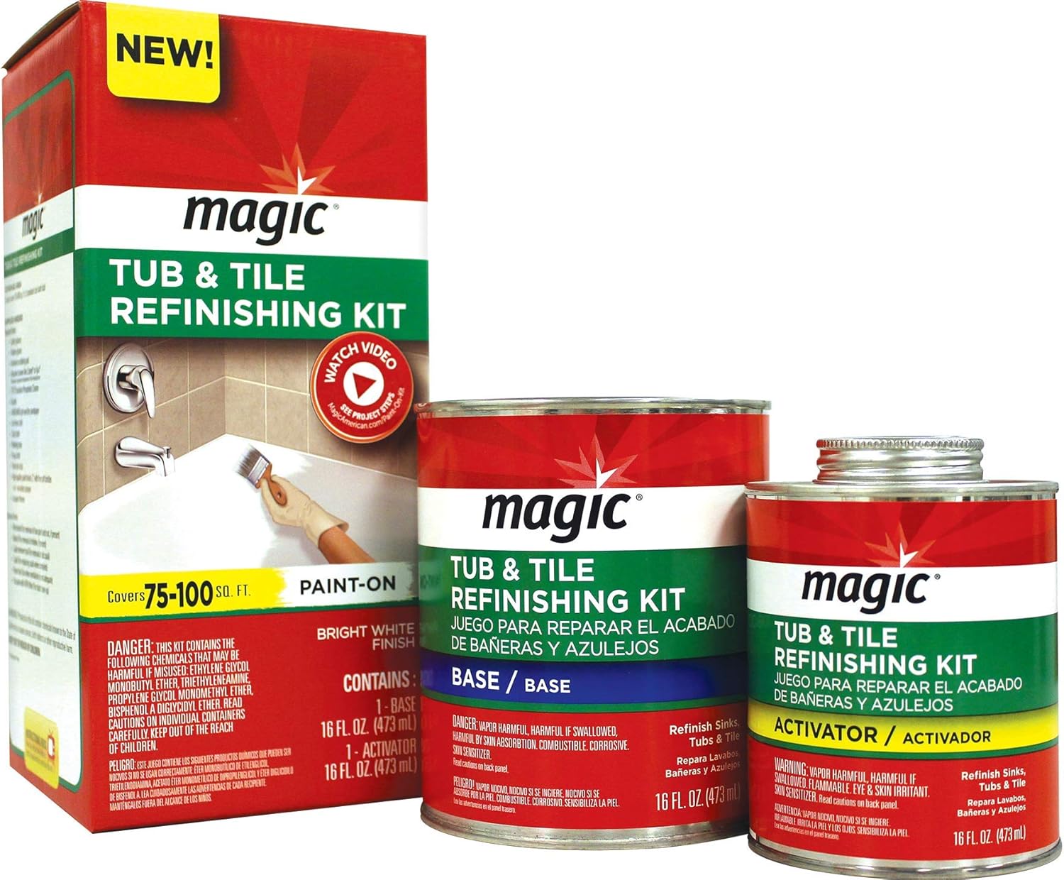 MAGIC 3124 Kit de reacabado de tinas y azulejos, blanco brillante, pintura sobre superficies de fibra de vidrio acrílica de porcelana de cerámica