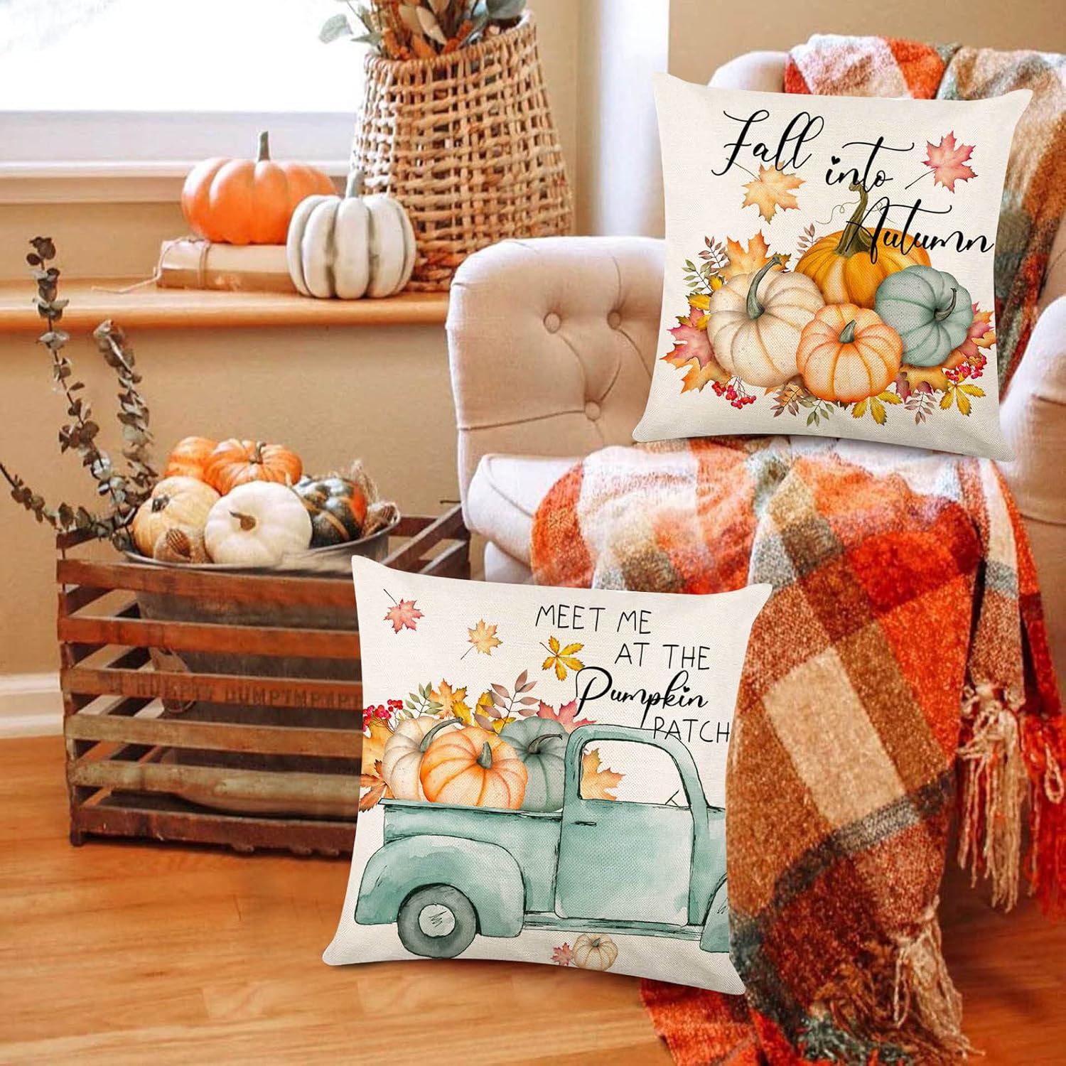 Hello Fall – Fundas de almohada con texto en inglés “Hello Fall Hello Pumpkin”, fundas de almohada decorativas de otoño para Acción de Gracias,
