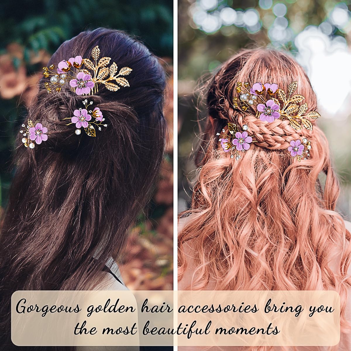 Flores moradas para el pelo para mujer, flores de boda, flores nupciales, horquillas para el cabello, tocado de hoja dorada, flores blancas,
