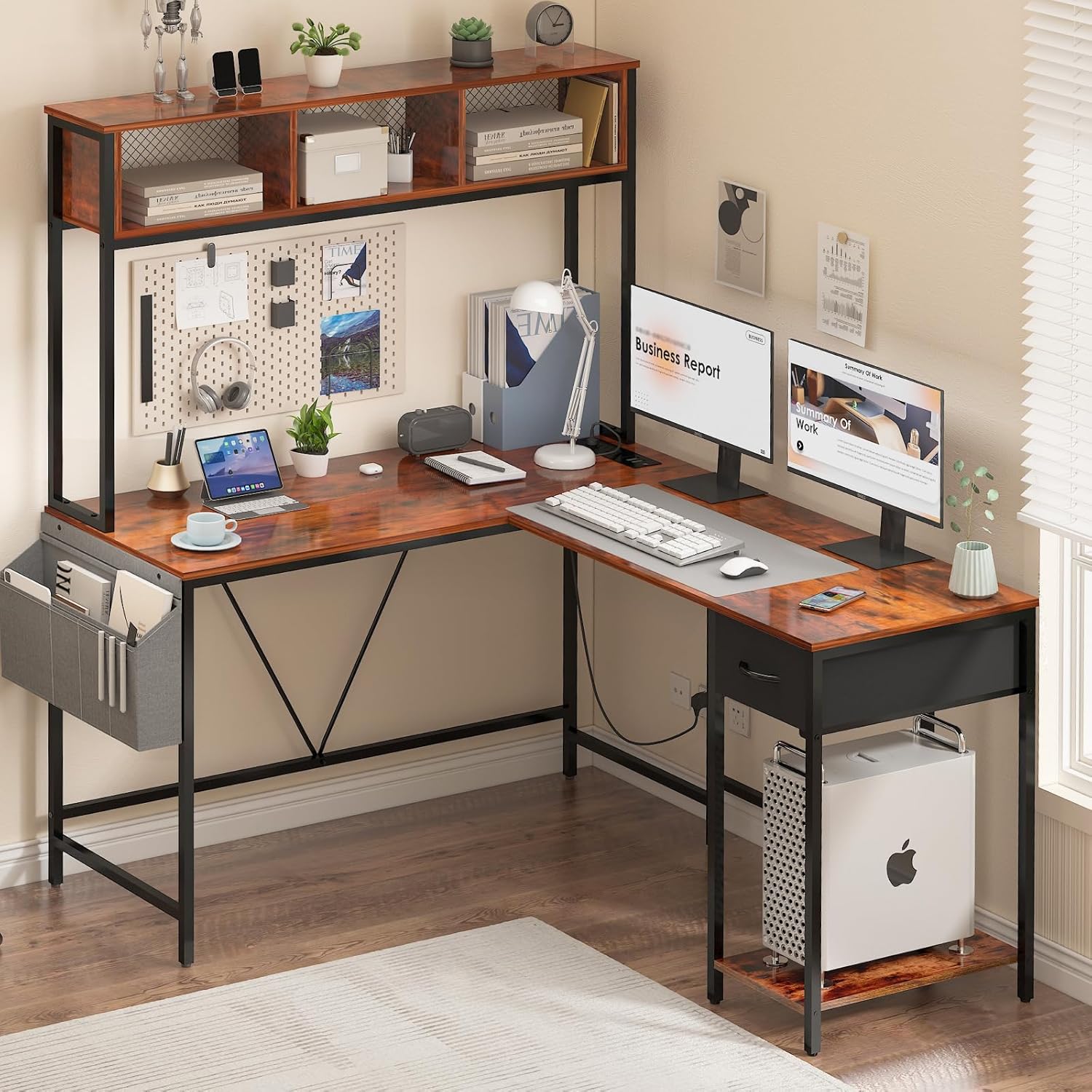 Yoobure Escritorio en forma de L con tira LED y toma de corriente, escritorio reversible en forma de L, escritorio esquinero, escritorio de oficina