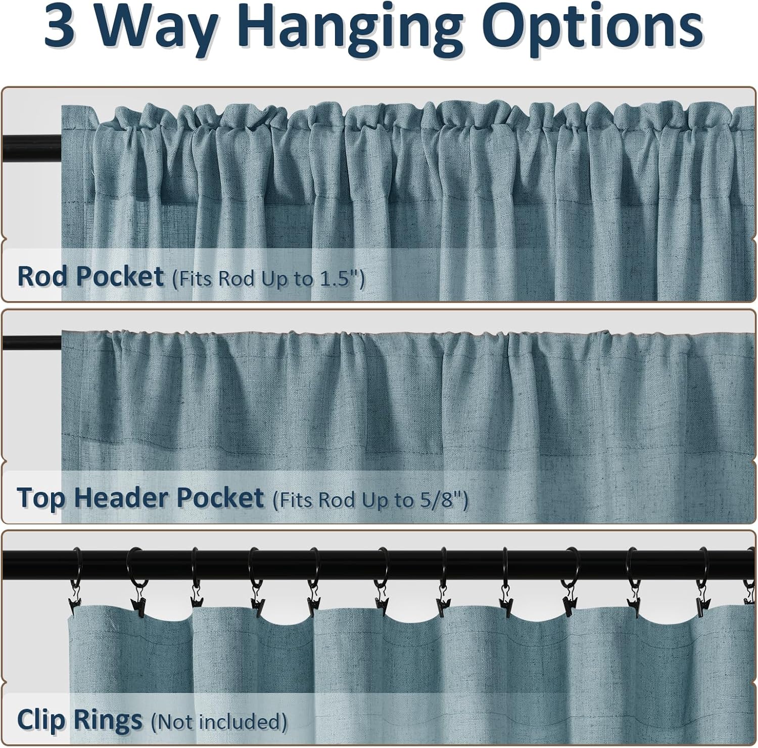 Guken Cortinas de lino azul de 108 pulgadas de largo para sala de estar o dormitorio, juego de 2 paneles de cortinas semitransparentes con bolsillo