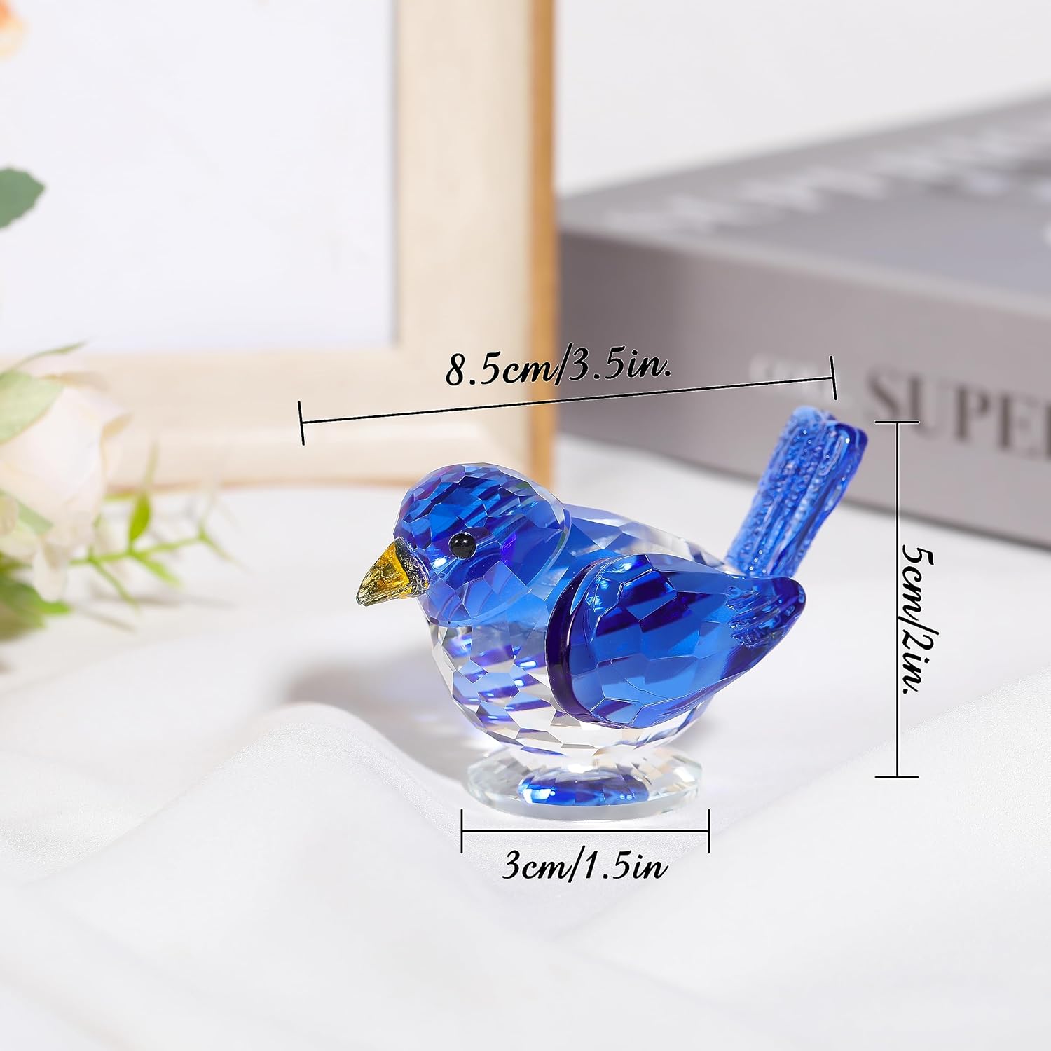 Qianwei Figura de pájaro de cristal azul coleccionable  Figuras de animales de cristal hechas a mano con cristal para oficina, escritorio, mesa,