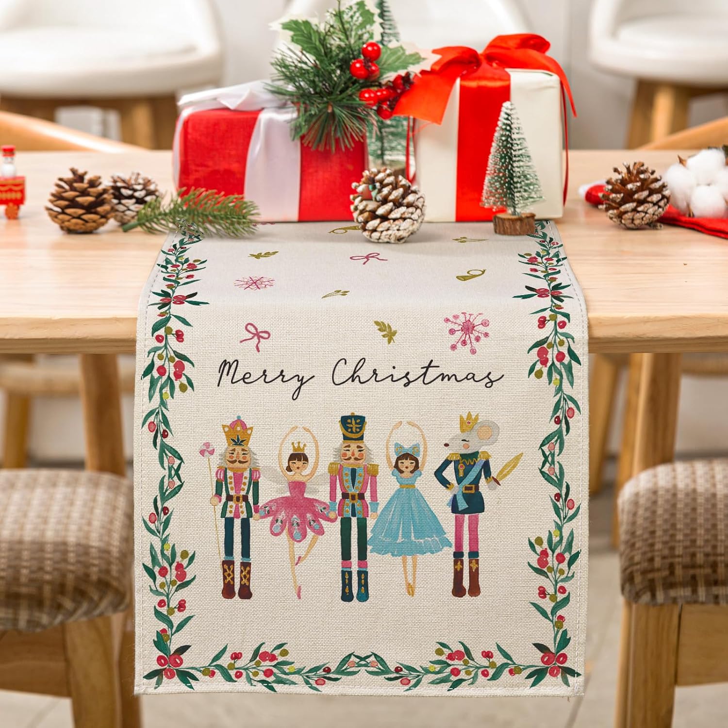AnyDesign – Camino de mesa de Feliz Navidad, cascanueces, cubierta de mesa de dibujos animados rectangular de Navidad, camino de mesa decorativo