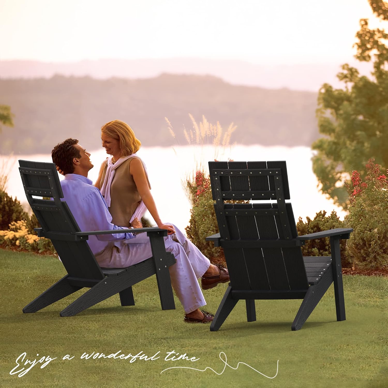 LUE BONA Juego de 2 sillas Adirondack modernas con reposacabezas, sillas Adirondack de plástico de respaldo alto, sillas para fogatas Adirondack