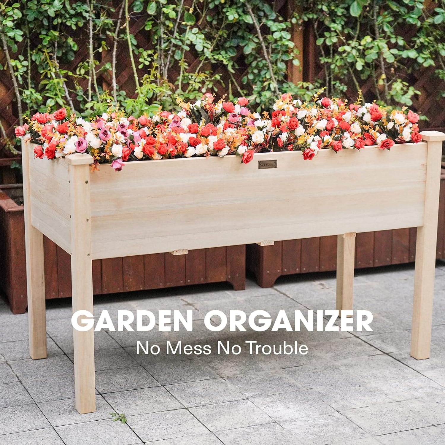 VIVOSUN Cama elevada de madera elevada para jardín, 48 x 24 x 30 pulgadas, maceta de madera para exteriores con forro de cama y guantes para jardín,