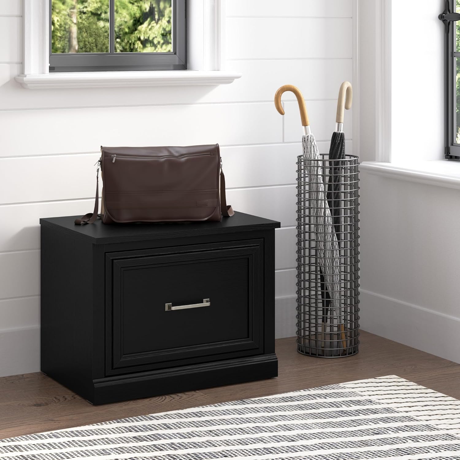 Bush Furniture Woodland – Banco de zapatos pequeño con cajón  Organizador estrecho de calzado para entrada del hogar, vestíbulo y vestíbulo, 24 W,