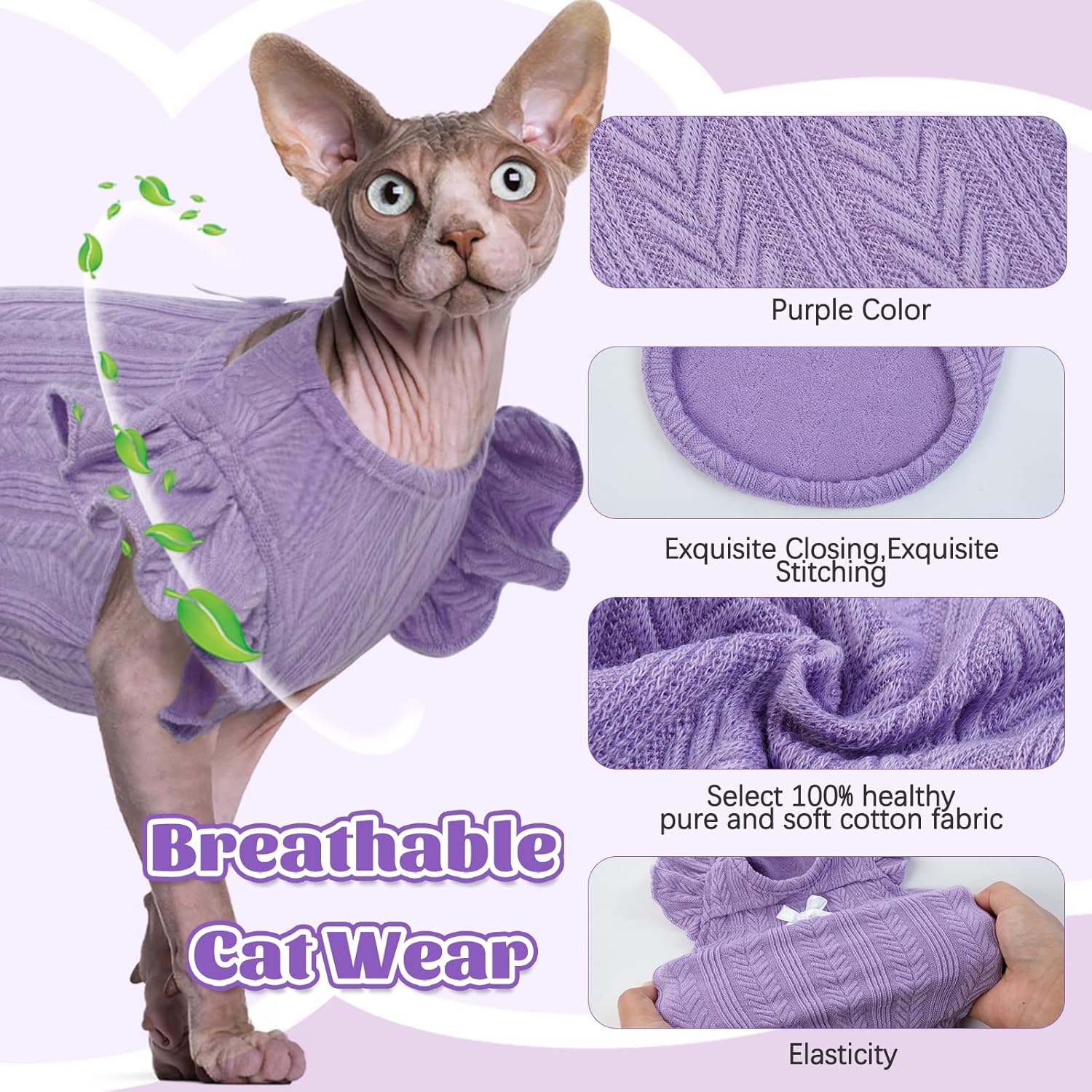 DENTRUN Sphynx – Camisa de gatos sin pelo, ropa de gatito con mangas con volantes, transpirable, pijama para gatos, Púrpura