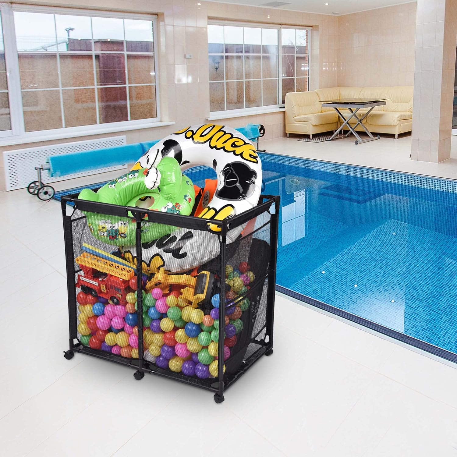Yescom Contenedor de malla de 36 x 24 x 35 pulgadas para almacenamiento de piscina, carrito rodante, organizador de red, marco de metal, contenedor