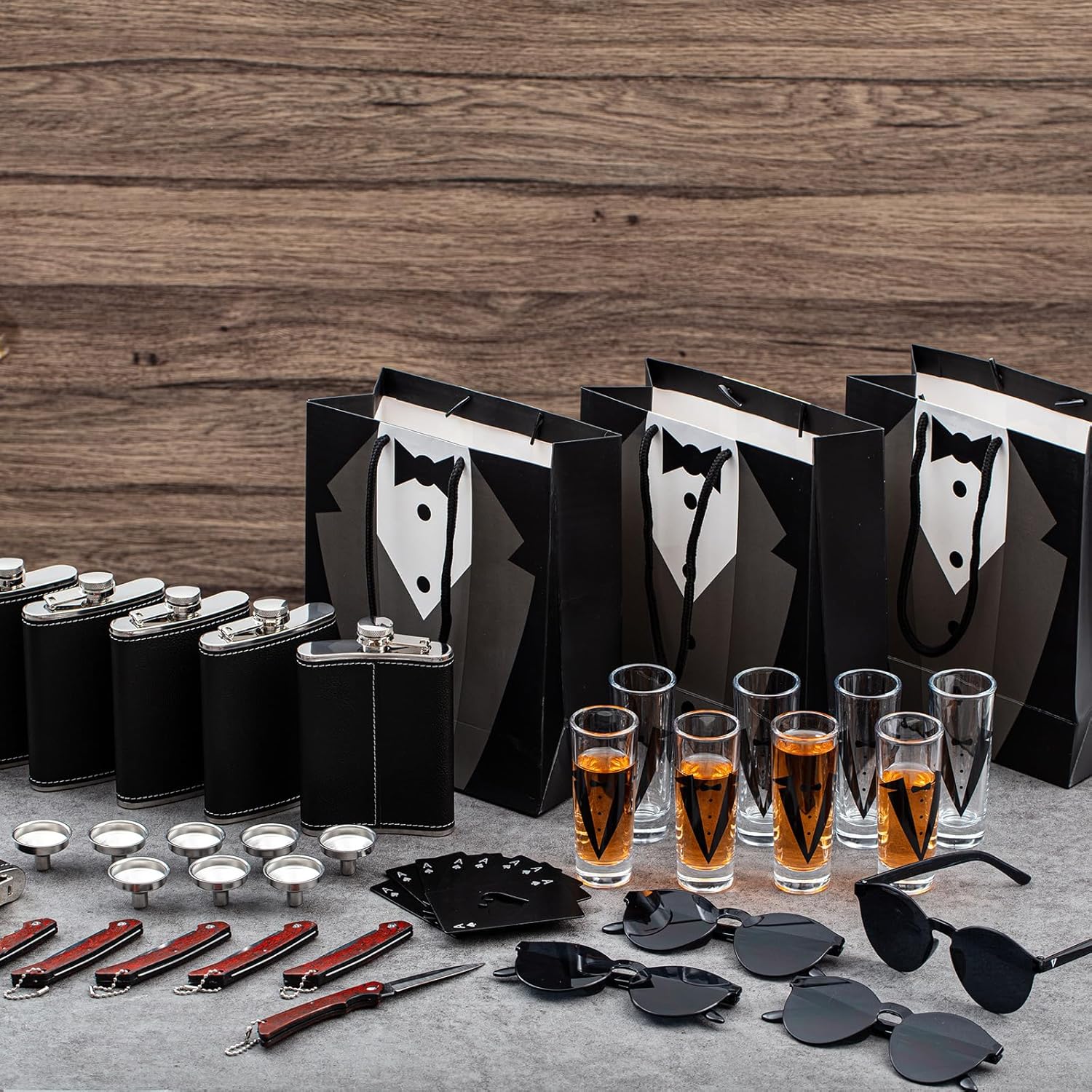 48 piezas de regalo de propuesta de padrinos de boda, 8 cuchillos de bolsillo grabados, 8 bolsas de regalo para padrinos de boda, 8 vasos de chupito