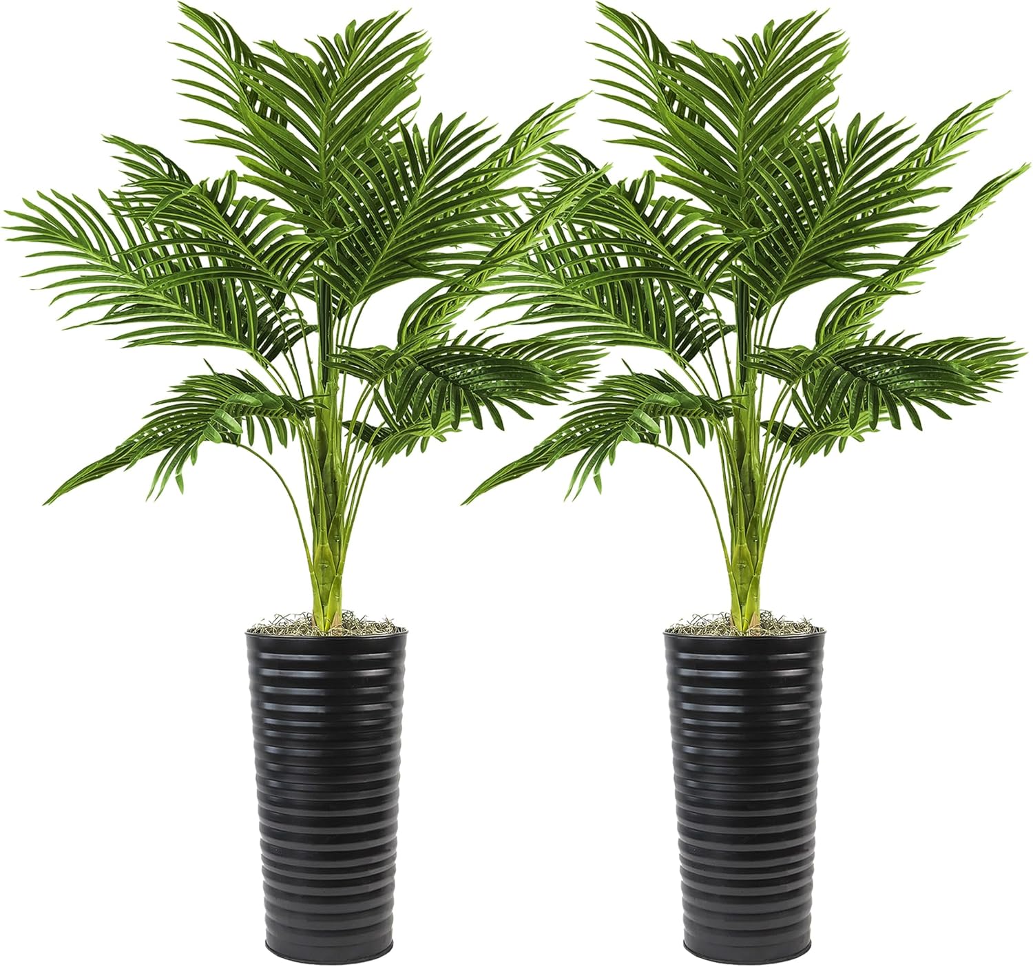 Paquete de dos plantas  Planta artificial de palma de 4 pies en maceta de metal acanalado negro (paquete de 2)  Follaje y tallos naturales realistas