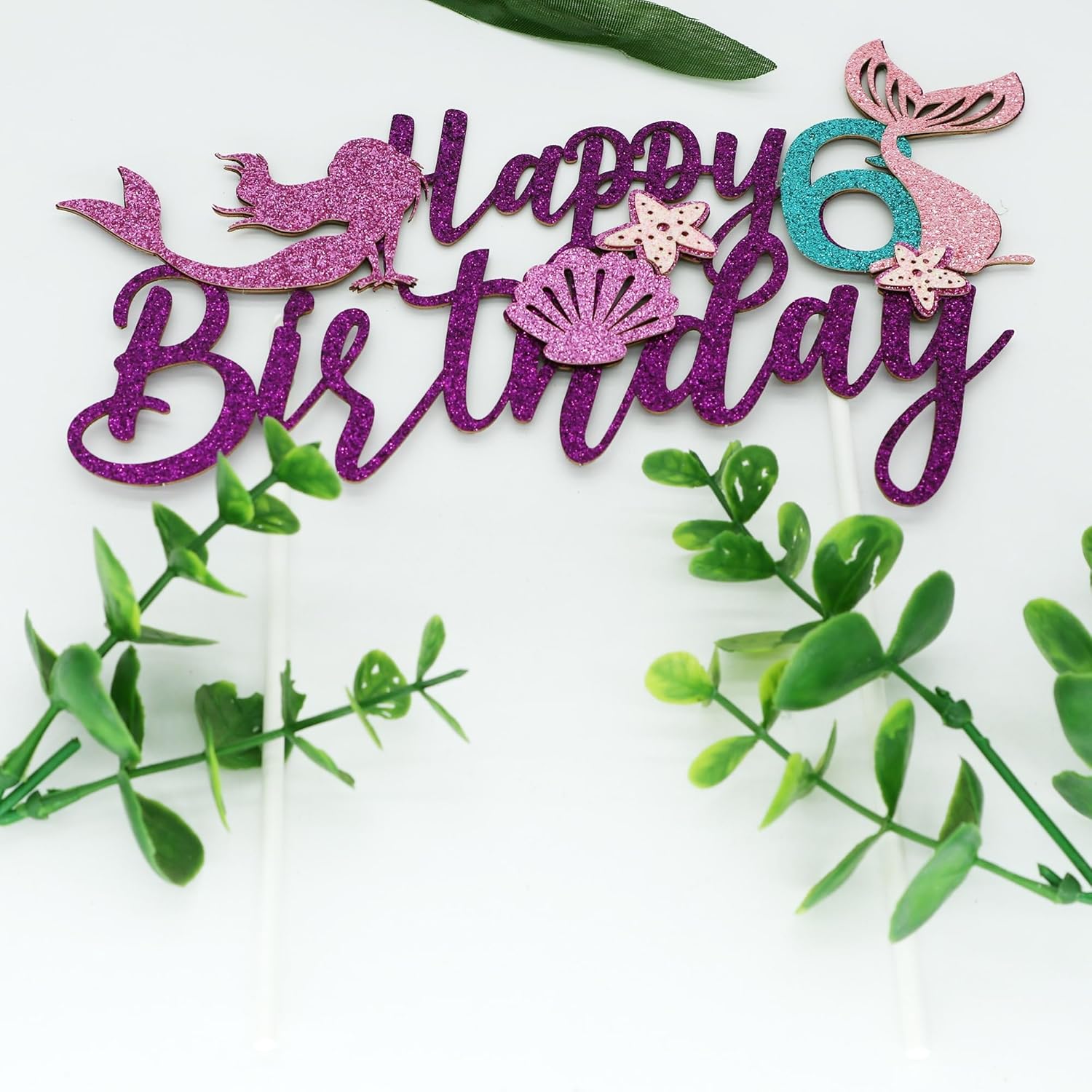 Decoración para pastel de cumpleaños con diseño de sirena de 6 cumpleaños, diseño de estrella de mar y conchas con purpurina, decoraciones para