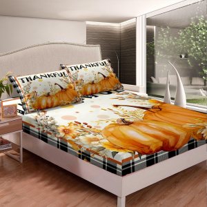 Sábana bajera ajustable de calabaza de otoño para niñas y niños, tamaño Queen, juego de ropa de cama de cosecha de otoño, juego de sábanas Sábana bajera ajustable de calabaza de otoño para niñas y niños, tamaño Queen, juego de ropa de cama de cosecha de otoño, juego de sábanas