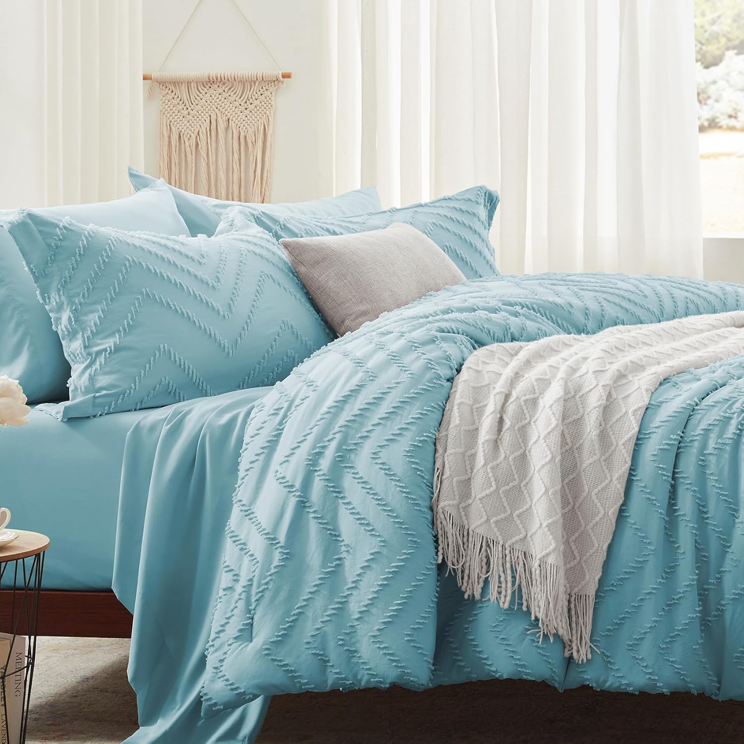 Anluoer – Juego de edredón tamaño Queen, color celeste, con relieve, 7 piezas, para todas las estaciones, incluye 1 edredón, 2 fundas de almohada, 2