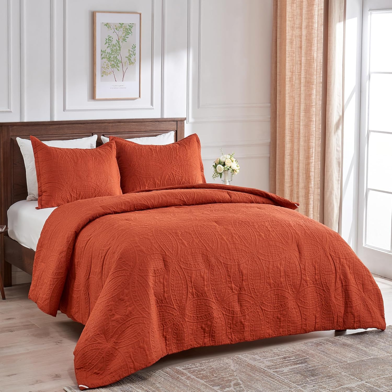 YOZEN Juego de edredón de tamaño matrimonial, color naranja quemado, juego de ropa de cama bohemio de medallón de terracota sólido de 3 piezas,