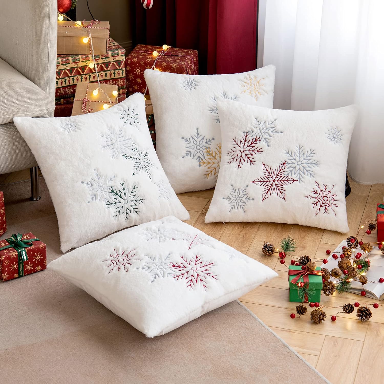 MIULEE Paquete de 2 fundas de almohada decorativas de Navidad, fundas de almohada de piel sintética suave con bordado de copo de nieve, bonitas