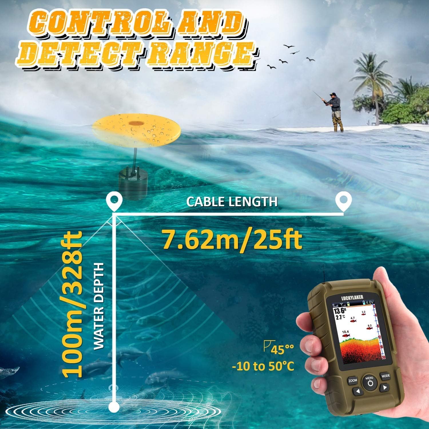 LUCKY Buscador de peces inalámbrico de mano para barco, transductor con cable, sensor sonar, impermeable, portátil, buscadores de profundidad para