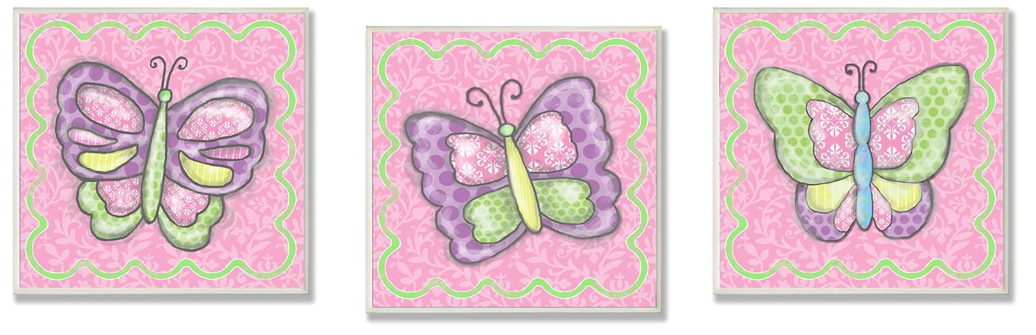 The Kids Room by Stupell – Juego de 3 placas de pared cuadradas con diseño de mariposas pastel coloridas