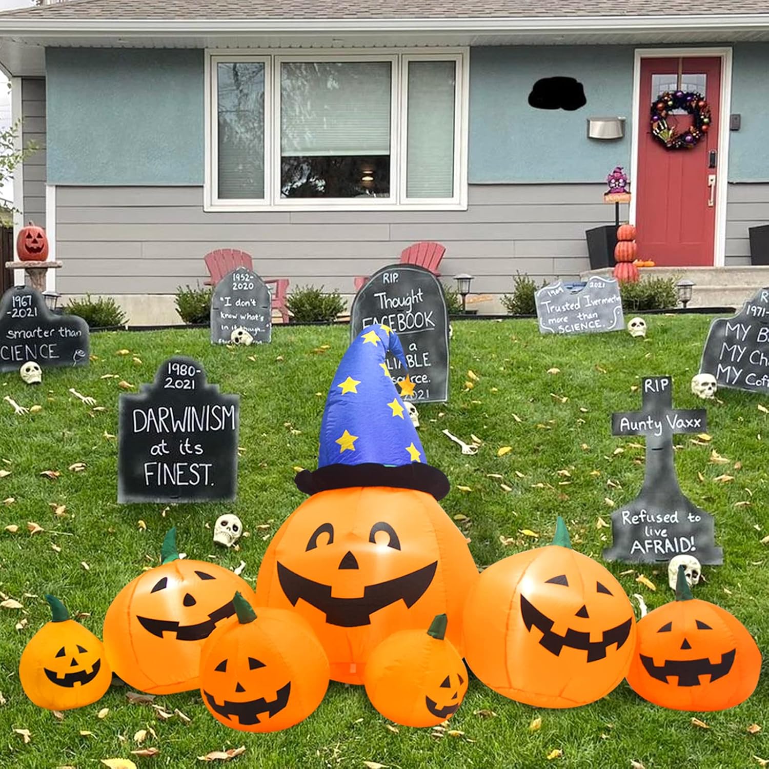 Evoio Calabazas inflables de Halloween de 8 pies para decoración al aire libre, calabazas inflables de patio y sombrero de bruja con luces LED