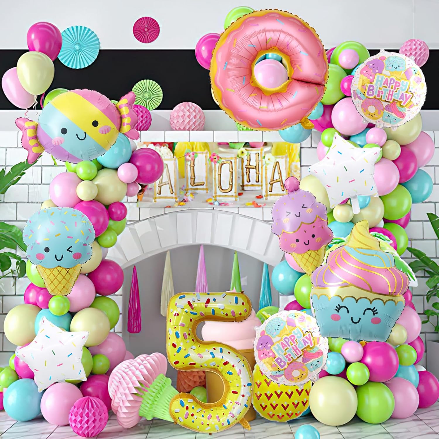 10 globos de helado, dona de helado, caramelo, número de cumpleaños, globo de papel de aluminio de mylar, tema de helado, suministros de fiesta de 5