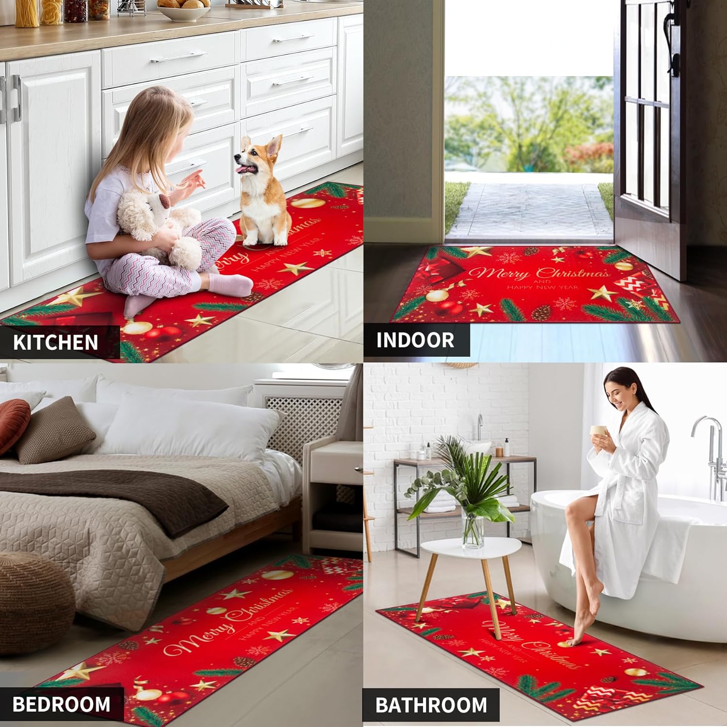 MELAJIA Juego de 3 tapetes de cocina de Navidad, lavables, juego de 3 piezas, tapete rojo para decoración de Navidad, fiesta en el hogar