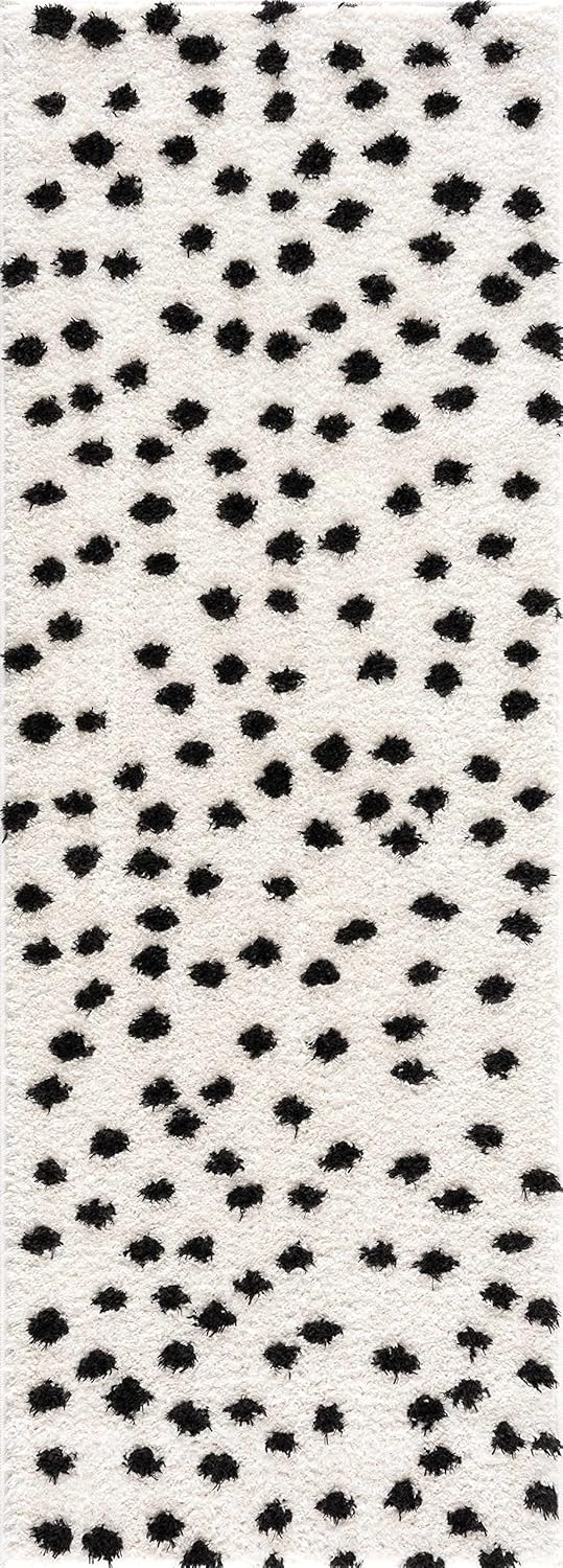 Hauteloom Tilos – Alfombra dálmata para sala de estar, dormitorio, cuarto de bebé, alfombra lanuda con patrón de puntos, pelo alto de felpa, negro,
