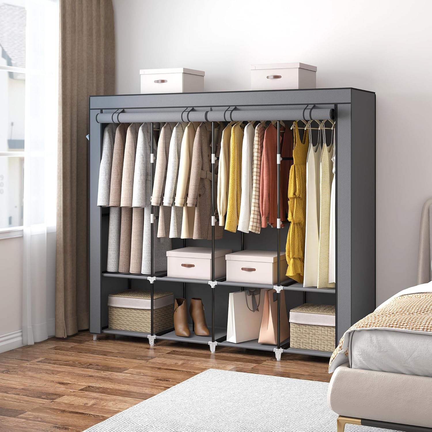 Armario portátil de 67 pulgadas para colgar ropa, armario con tapa, 4 varillas para colgar y bolsillos laterales, 8 estantes de almacenamiento,