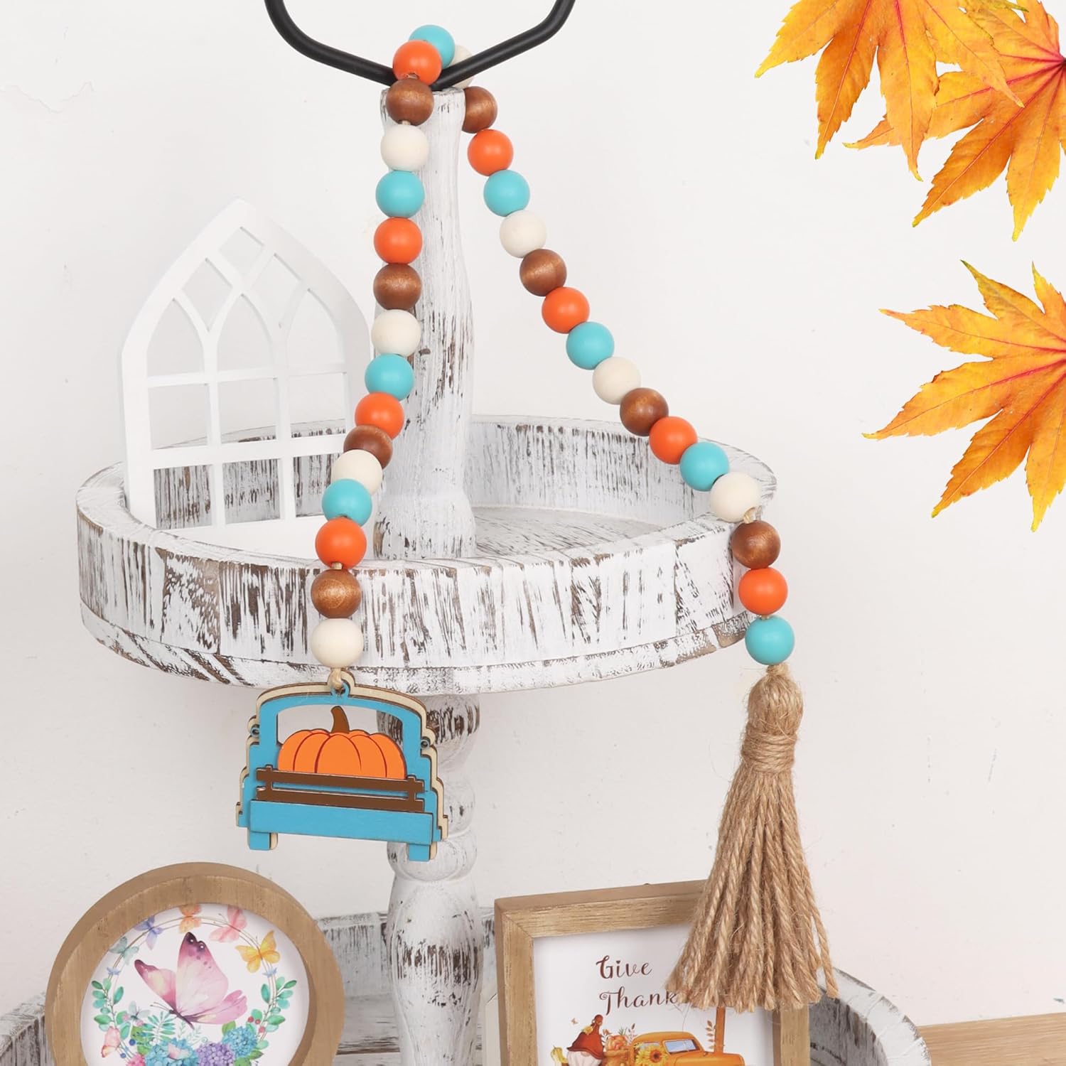 Guirnalda de cuentas de madera de otoño con borla y etiqueta de calabaza, decoración de bandeja escalonada de otoño, guirnalda de borlas de