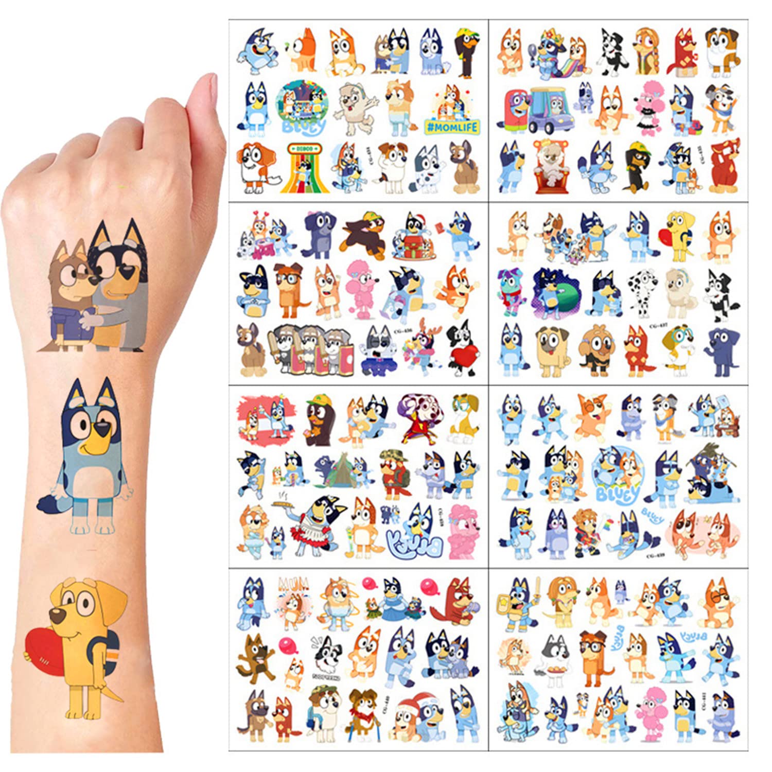 8 hojas de calcomanías azules de tatuajes temporales, suministros de fiesta temática de cumpleaños azules, regalos de decoración de dibujos