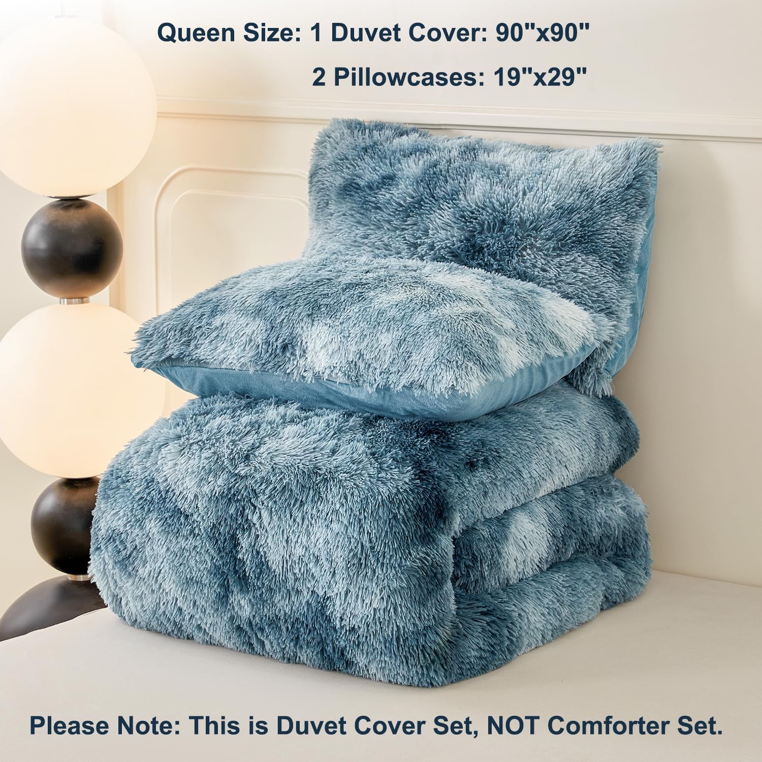 SUCSES Juego de funda de edredón tamaño Queen esponjoso de color azul marino, juego de ropa de cama de 3 piezas de pelo sintético largo de felpa –