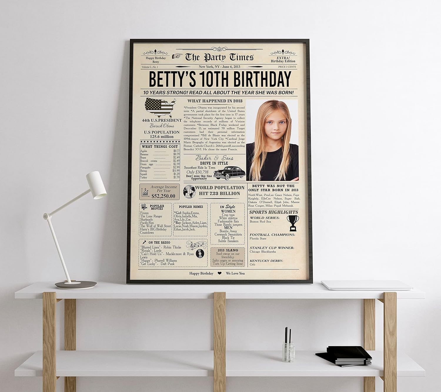 Regalos personalizados de cumpleaños número 10, decoración de fiesta para niños, niñas, hijo, hija, niños, decoración de póster de periódico vintage