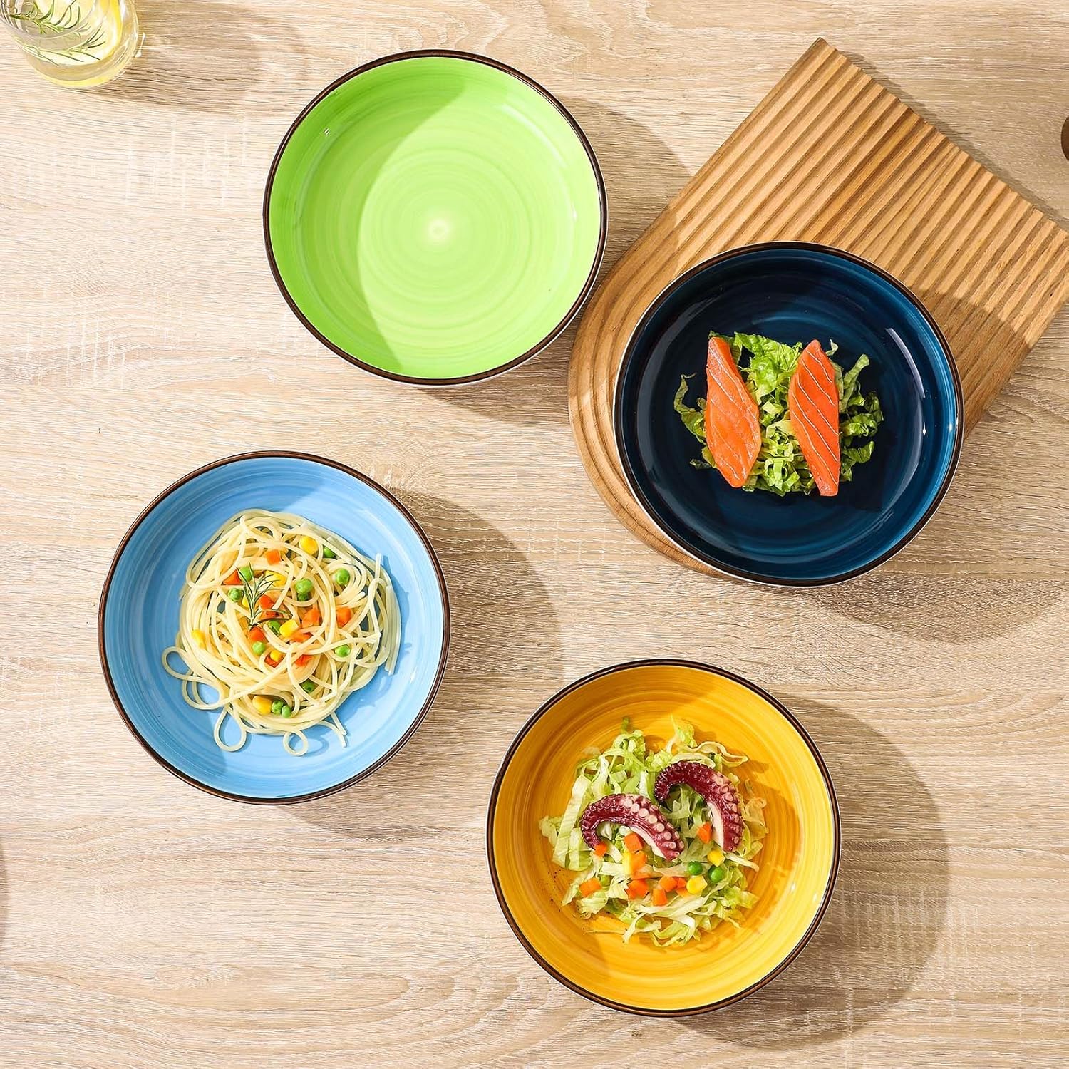 Tazones para pasta, 40 onzas, grandes ensaladeras, juego de 4, platos de cerámica para sopa para cocina, microondas y lavavajillas, varios colores