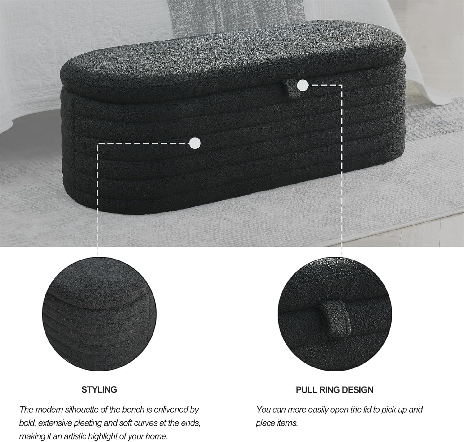 TRIPLE TREE Banco otomano de almacenamiento de 45.5 pulgadas con asiento de 250 libras, banco de almacenamiento tapizado de tela de peluche,