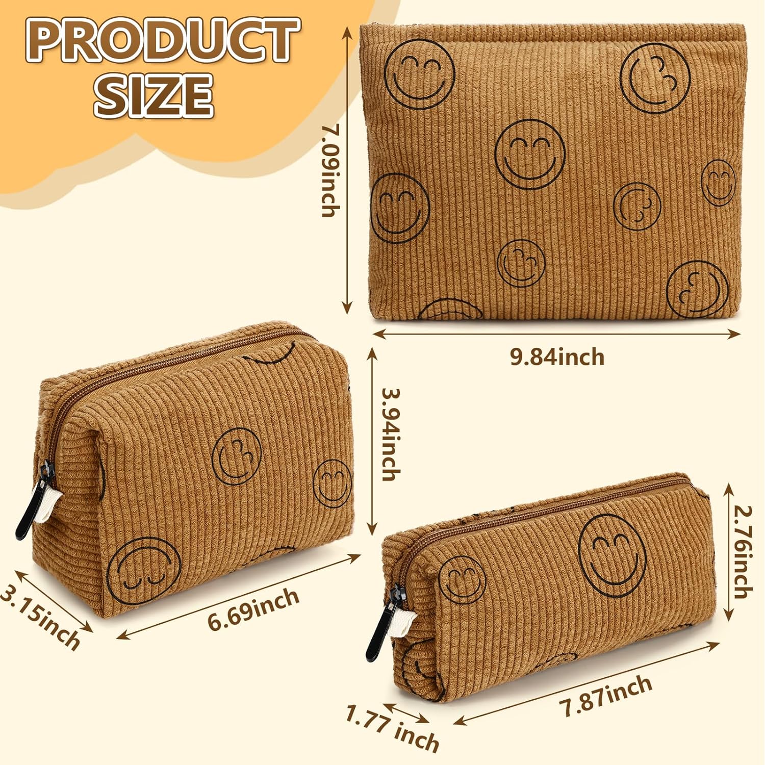 Oudain 3 bolsas de maquillaje de cara sonriente, bolsa de cosméticos de pana, 3 tamaños, bolsas de maquillaje estéticas para mujeres, adolescentes y