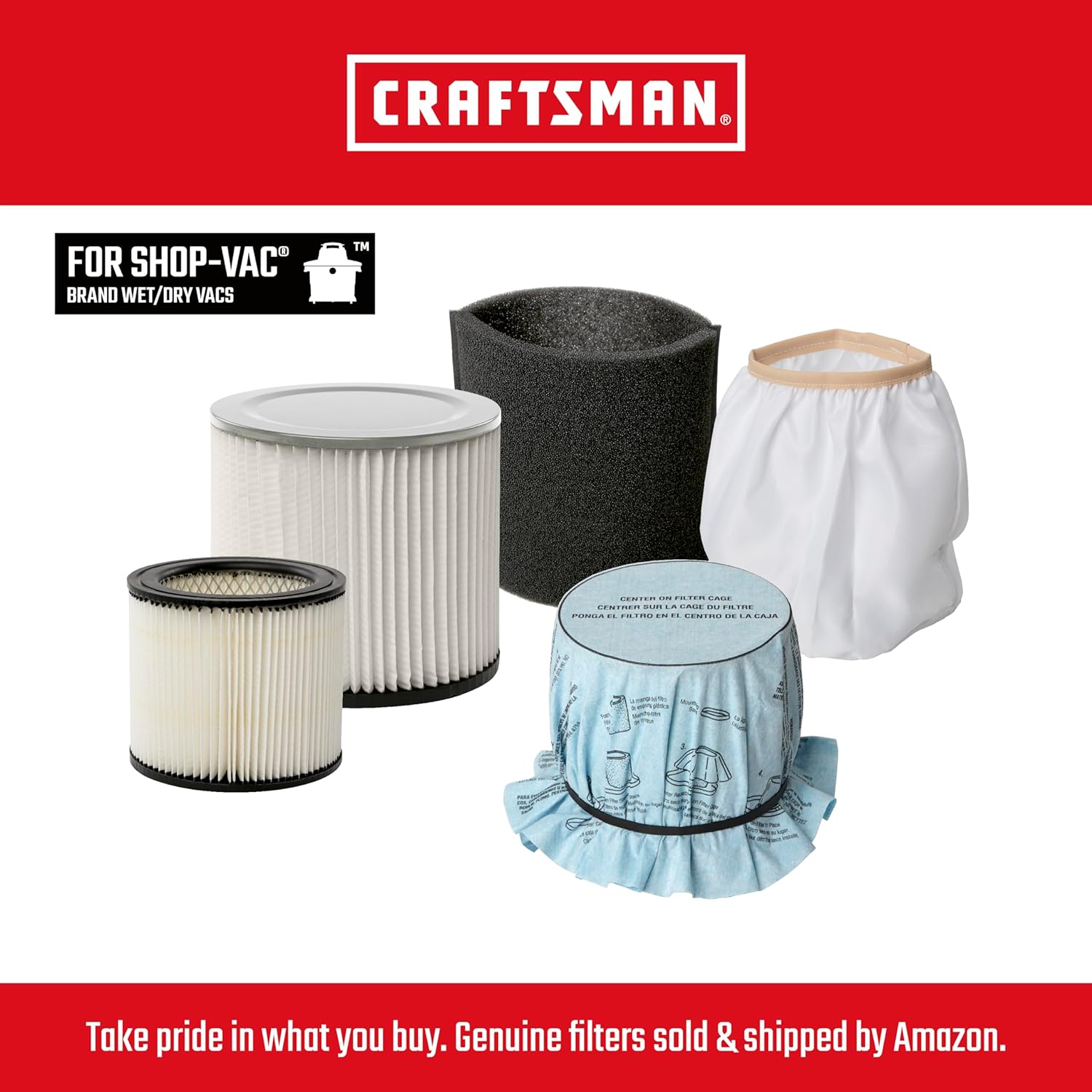 CRAFTSMAN CMXZVBE38766 Filtros secos con banda de retención, filtro de vacío de repuesto para aspiradora húmeda y seca, filtros reutilizables solo