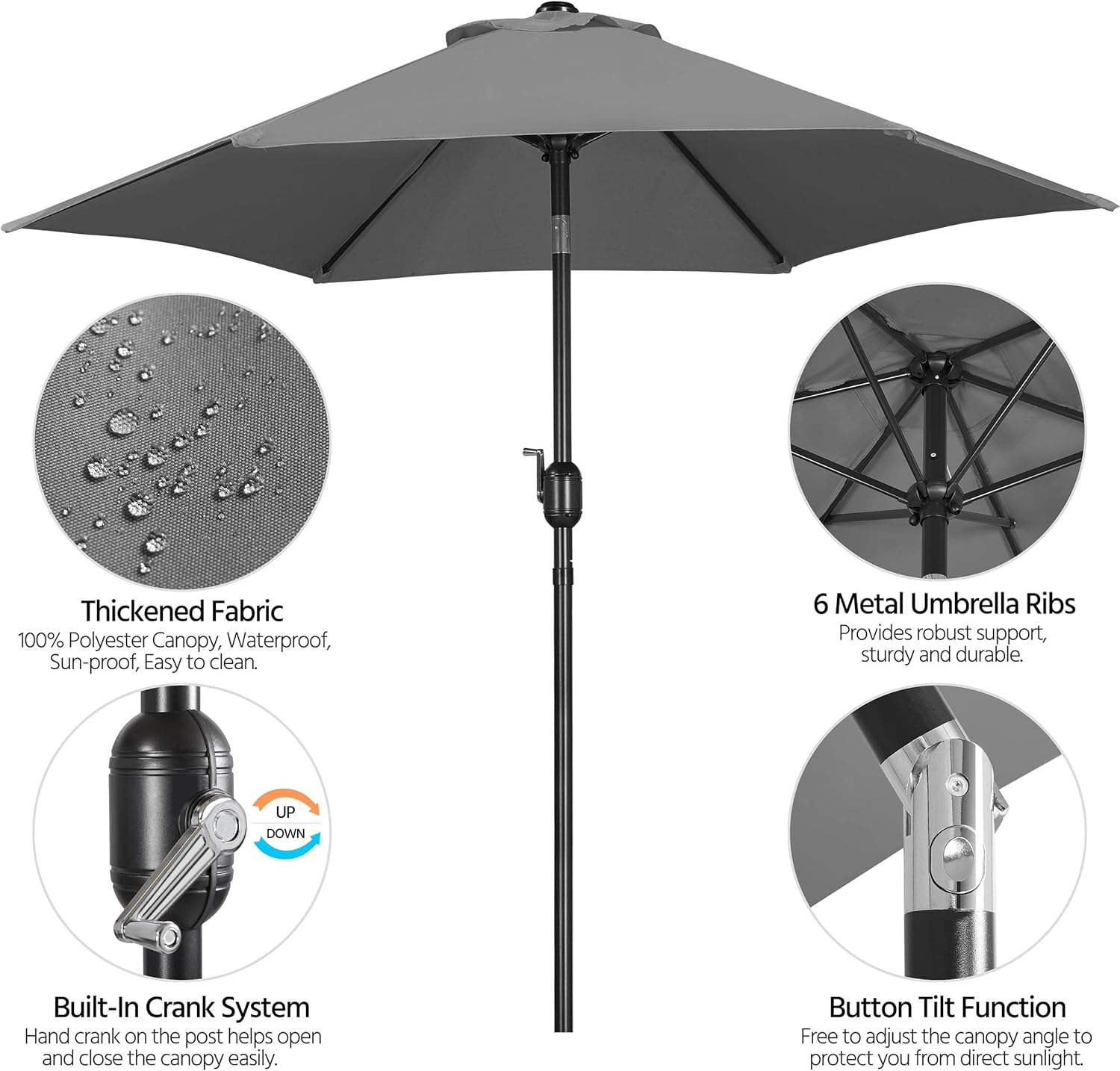 Yaheetech Sombrilla de patio de 7.5 pies con 6 varillas resistentes, botón de inclinación y manivela para jardín, césped, cubierta, patio, piscina,