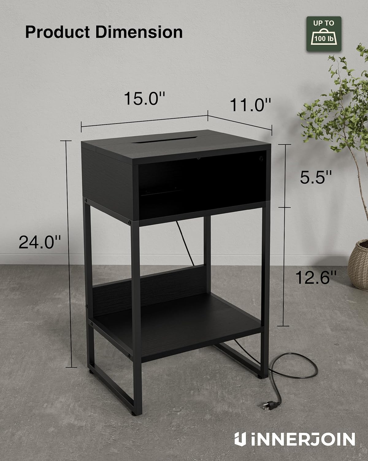 Innerjoin Mesa auxiliar con estación de carga puertos USB A y C, mesita de noche LED con compartimento de almacenamiento, mesa auxiliar de cama con