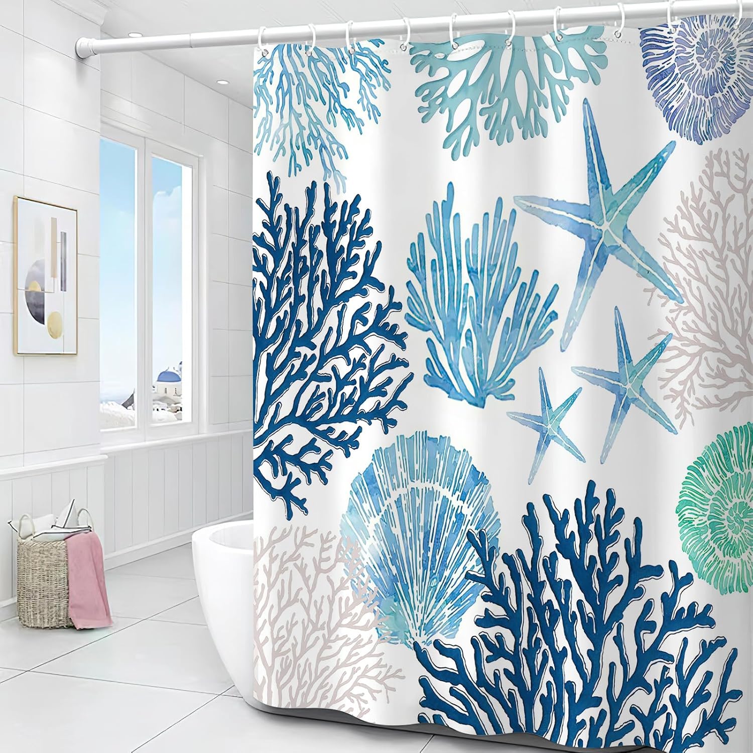 Typruye Cortina de ducha náutica costera con temática oceánica, coral, conchas marinas, playa, estrellas de mar, cortinas de ducha impermeables para
