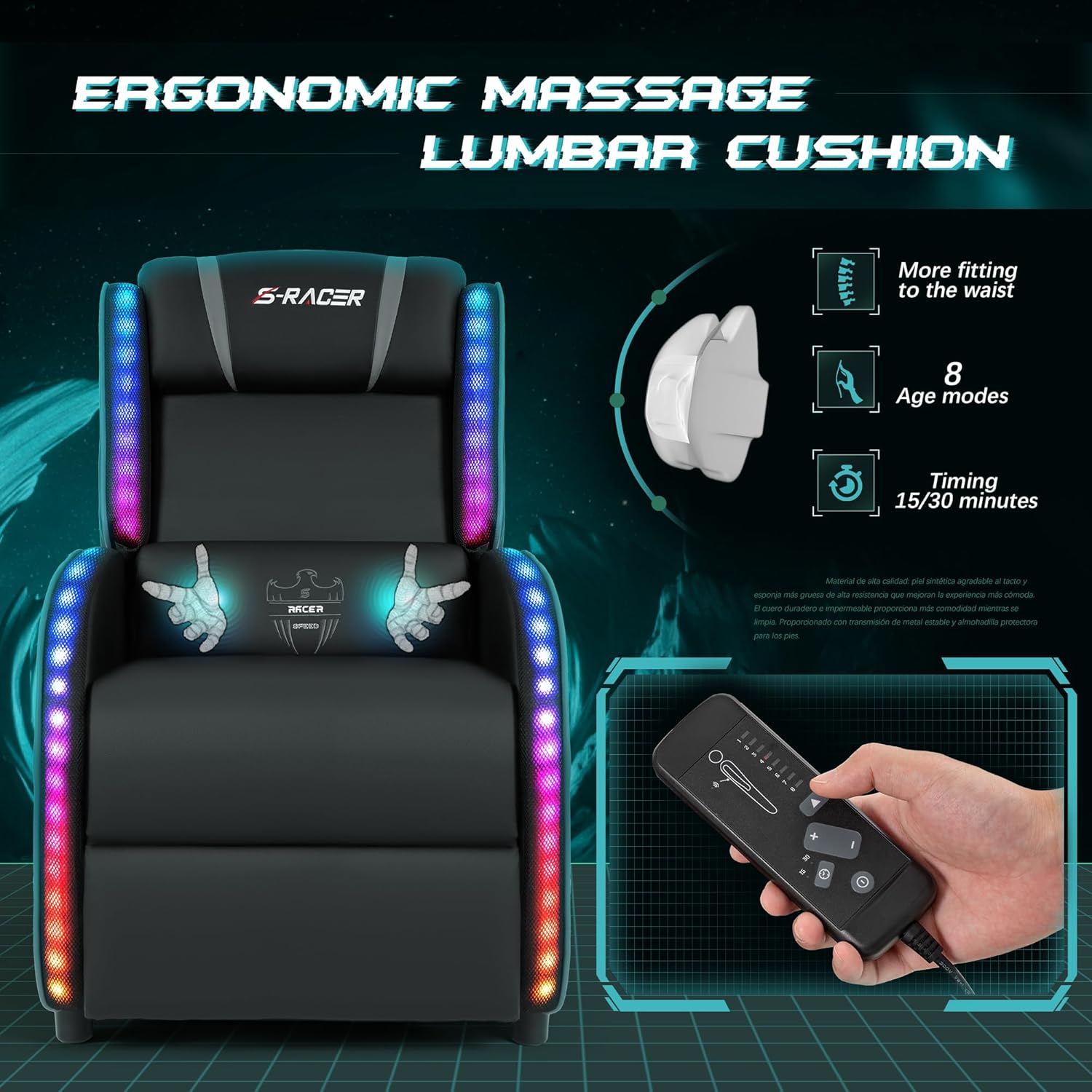 Homall Silla reclinable de masaje LED para juegos, estilo carreras, sofá reclinable de piel sintética, cómodo asiento ergonómico para cine en casa