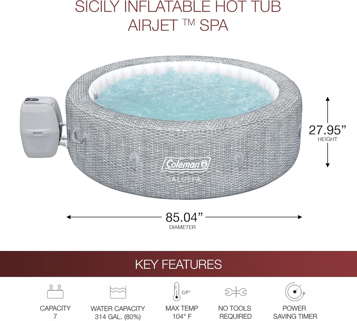 Coleman SaluSpa Sicily AirJet – Bañera de hidromasaje con 180 chorros relajantes con juego de 6 asientos antideslizantes para piscina y spa con