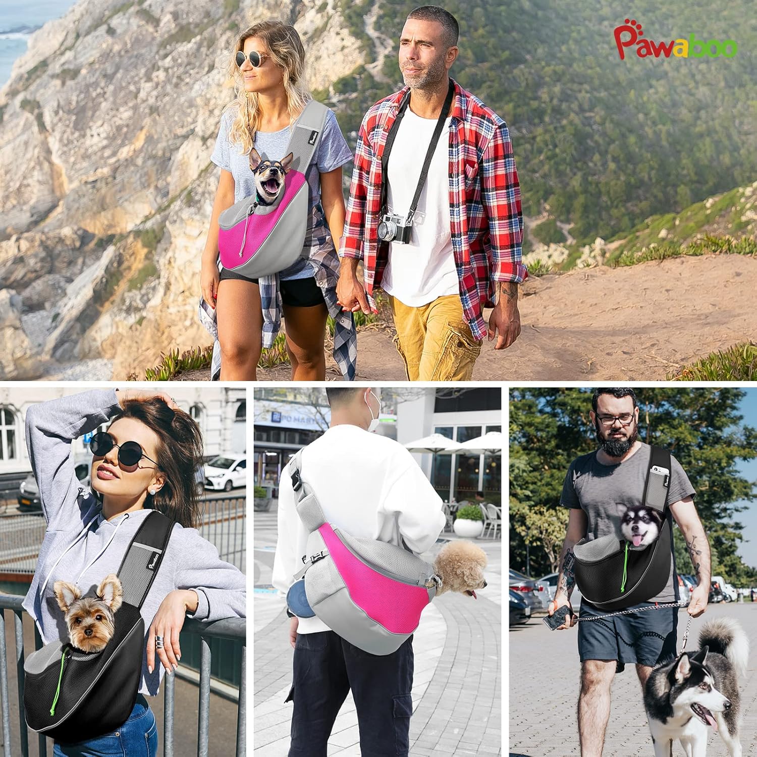 Pawaboo Bolsa transportadora para perros con cordón para mascotas, con cordón para manos libres, con correa ajustable, bolsa de malla transpirable