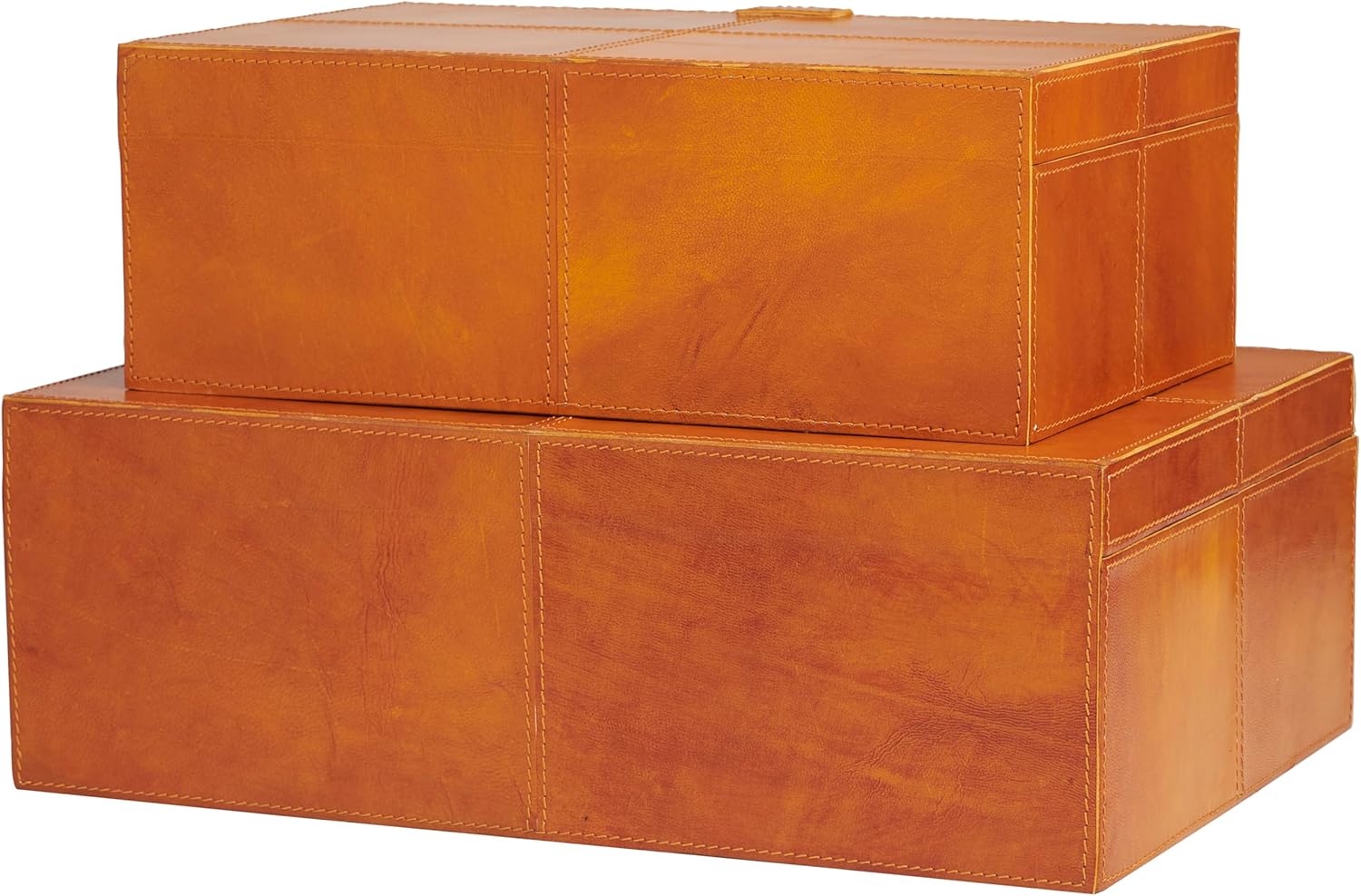 Deco 79 Caja decorativa de cuero hecha a mano con cierre frontal a presión y costuras detalladas, juego de 2 cajas de almacenamiento de 17 pulgadas,