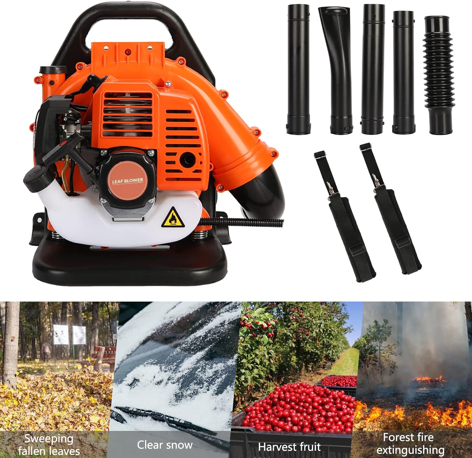 Soplador de hojas de mochila, soplador de hojas inalámbrico a gas de 52 cc, soplador de nieve motor de 2 tiempos, tanque de combustible de 1.2 L,