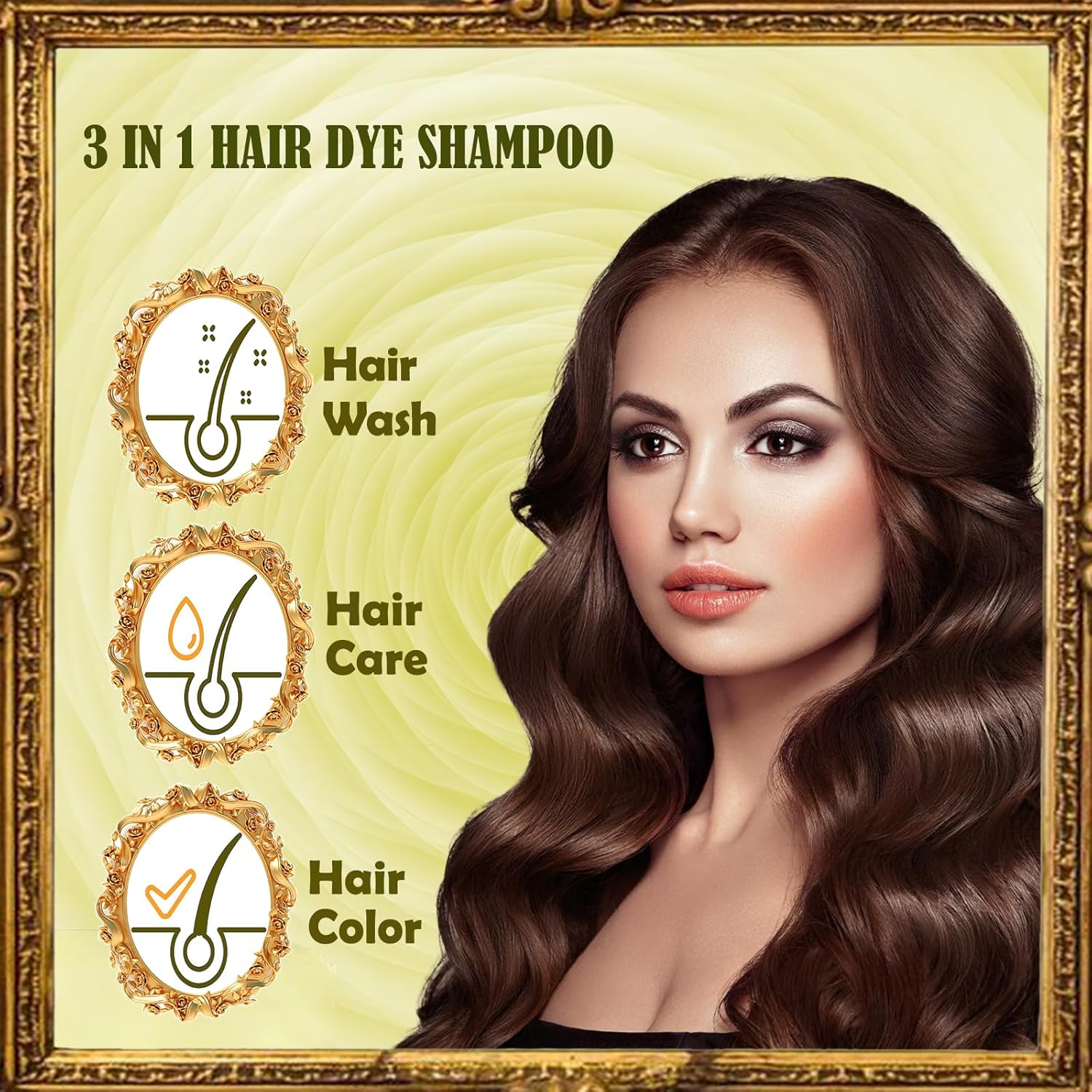 Champú de tinte para el cabello castaño oscuro a base de hierbas, 16.9 fl oz para cabello canas, champú instantáneo de color marrón oscuro 3 en 1