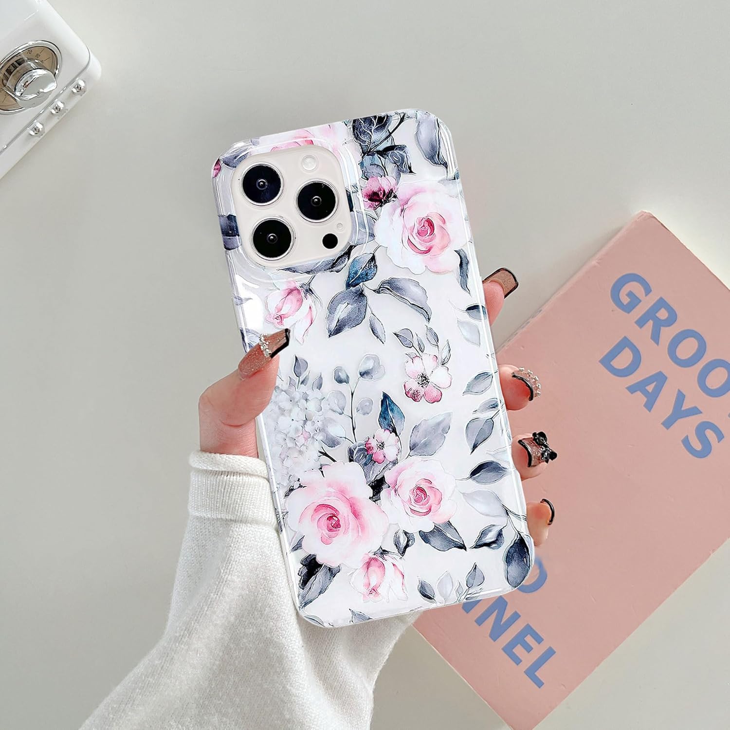 J.west Funda para iPhone 13 Pro Max 6.7, suave a prueba de golpes, linda funda protectora de teléfono floral rosa para mujer, diseño retro