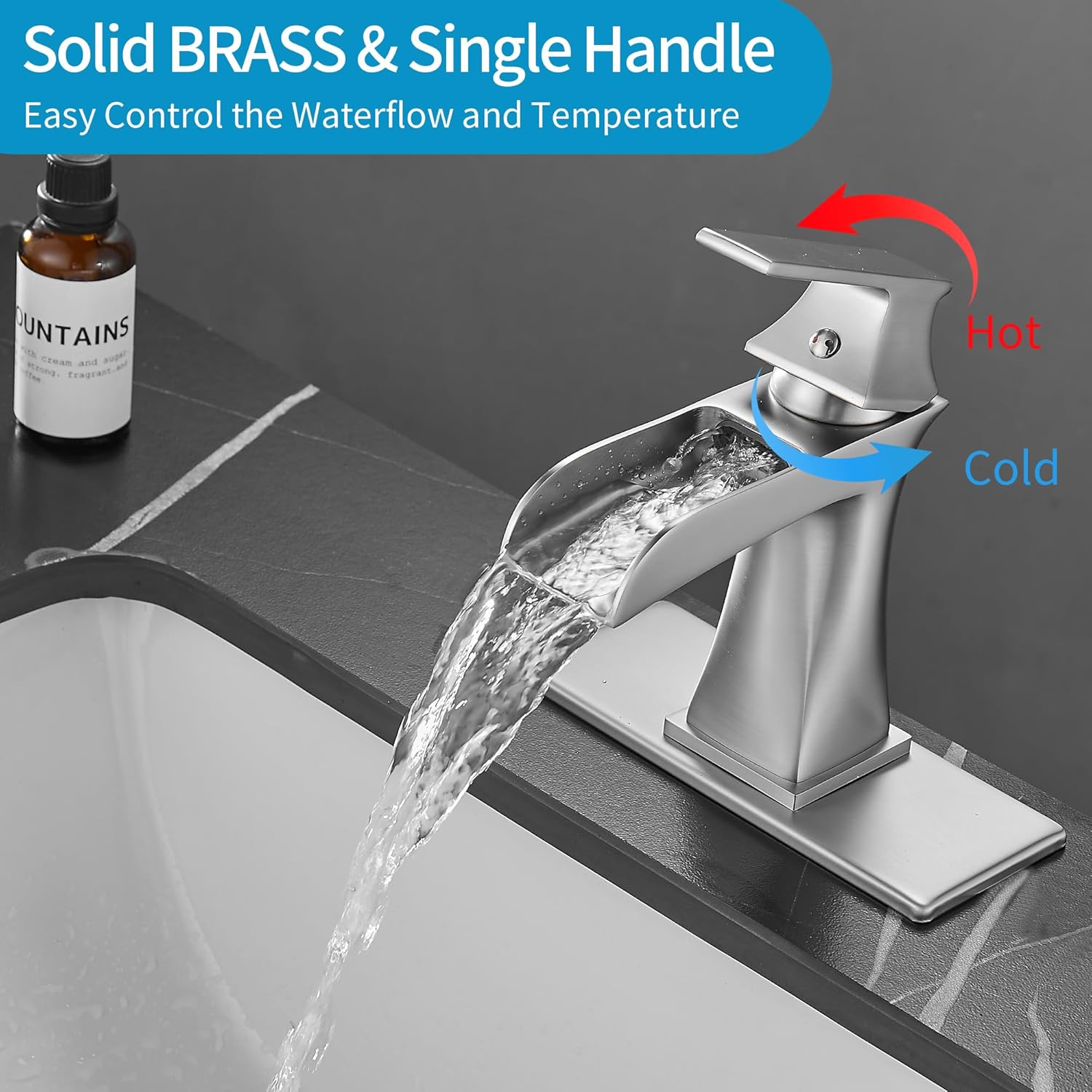 FOUTLQ Grifo de baño tipo cascada de níquel cepillado de una sola manija, grifo de lavabo de baño de 1 o 3 agujeros con drenaje desplegable,