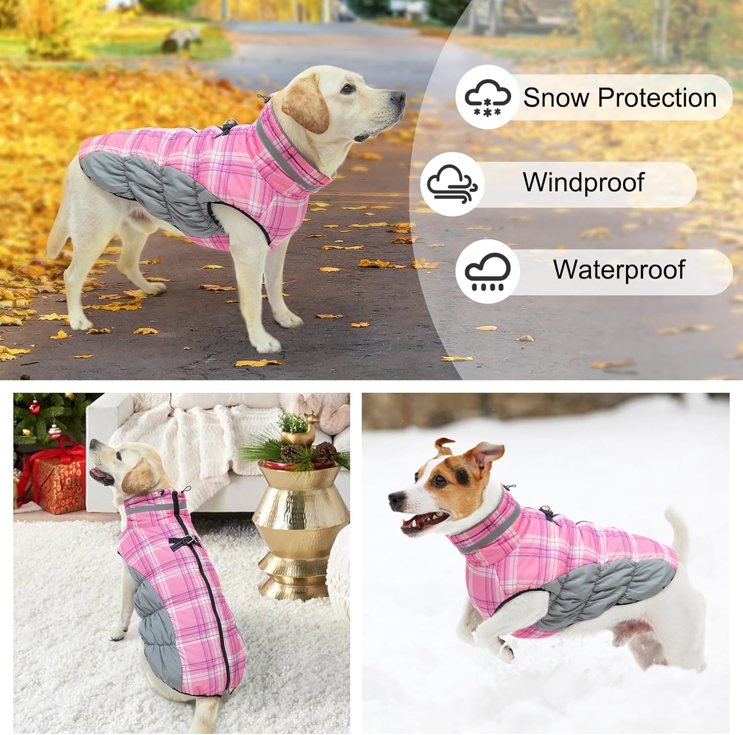 BEAUTYZOO Abrigo de invierno a cuadros para perro, chaqueta reflectante mejorada para perro, forro polar acolchado con arnés integrado, ropa